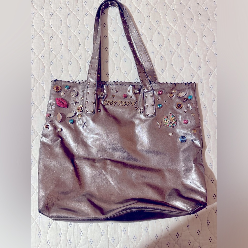 💋BETSEY JOHNSON SILVER EMBELLISHED TOTE BAG PURSE NON LEATHER BEJEWELED